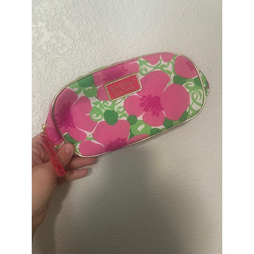 Lilly Pulitzer Estee Lauder Floral Makeup Bag Pink Green Hibiscus Travel Pouch